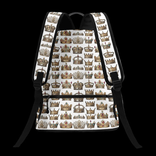The Monarch white crown print 17-inch backpack with hidden anti-theft back pocket.