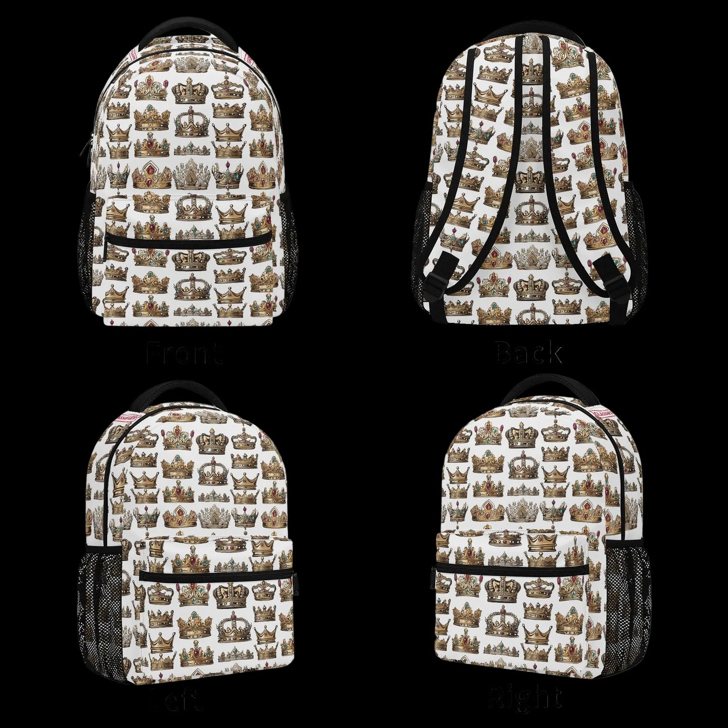 Minimalist white crown print backpack for students and daily travel - The Heir.