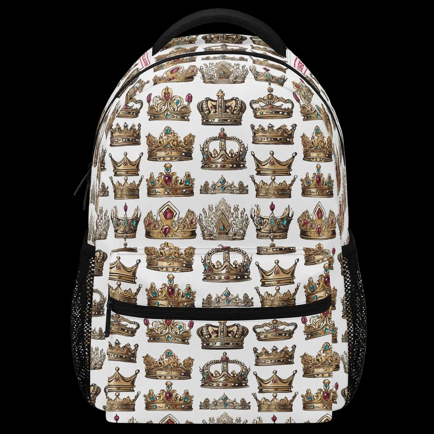 The Heir 15-inch white crown print backpack with water bottle side pockets.