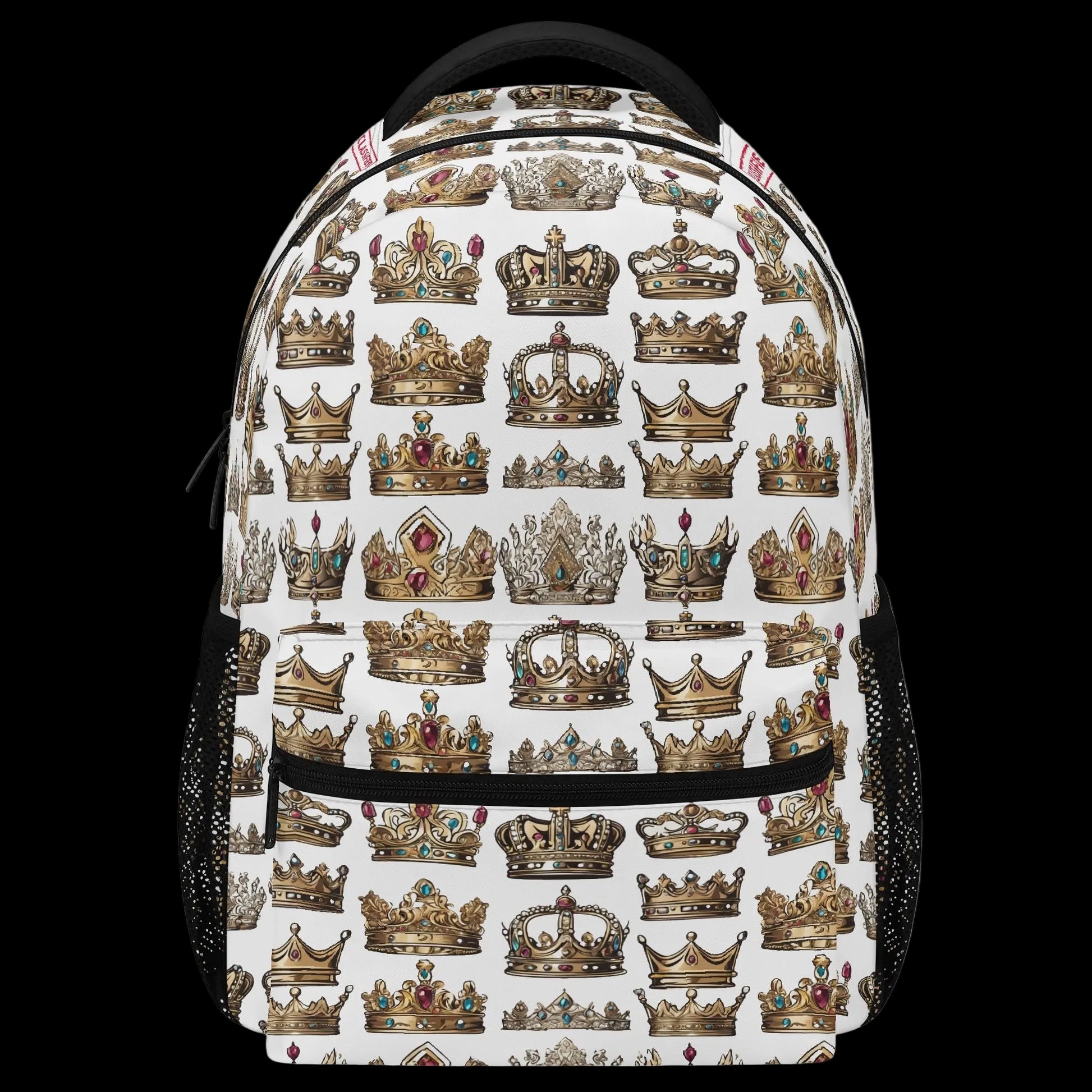 The Heir 15-inch white crown print backpack with water bottle side pockets.
