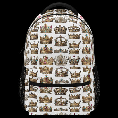 The Heir 15-inch white crown print backpack with water bottle side pockets.