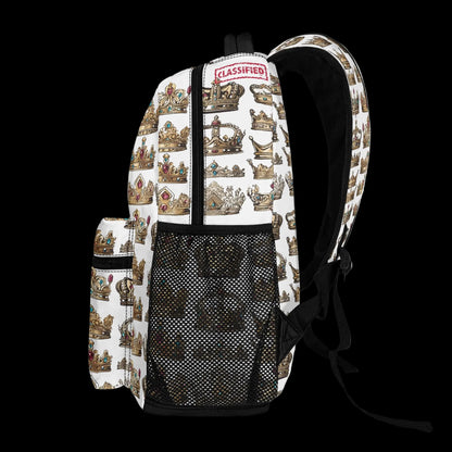 Side profile of The Heir 15-inch crown backpack showing reinforced water bottle pocket.