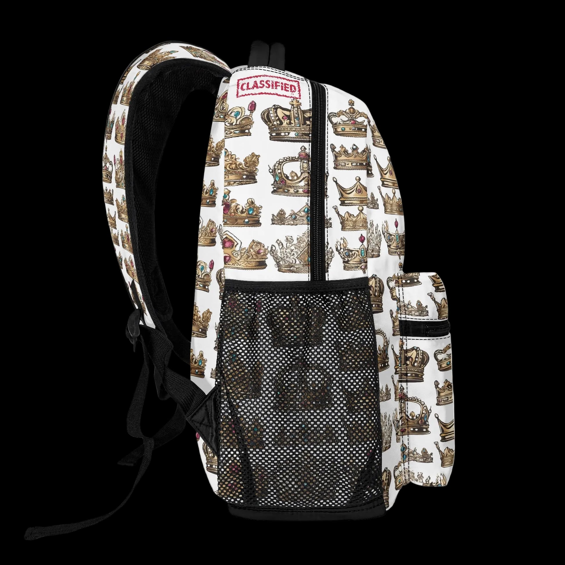 Side profile of The Heir 15-inch crown backpack showing reinforced water bottle pocket.