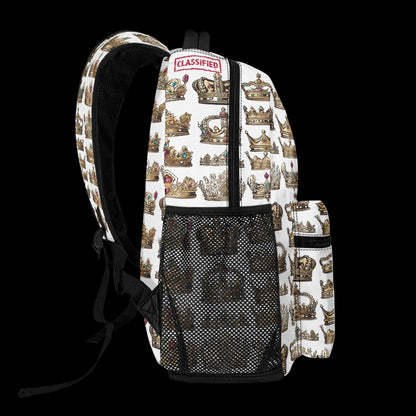 Side profile of The Heir 15-inch crown backpack showing reinforced water bottle pocket.