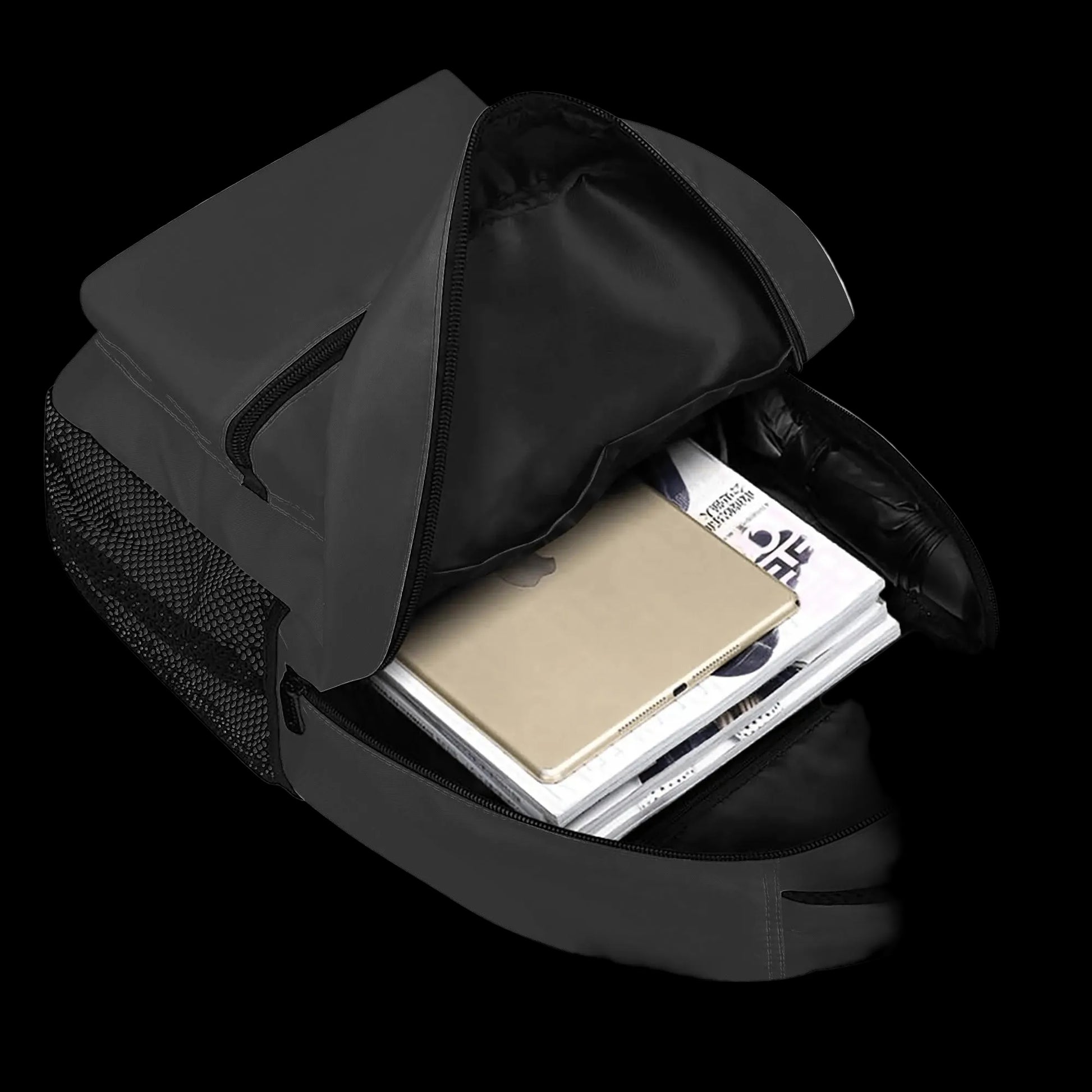 Minimalist school backpack in black with dual side water bottle pockets.