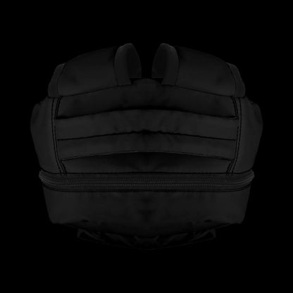 Rear view of the black 15-inch backpack showing padded straps and chest buckle.