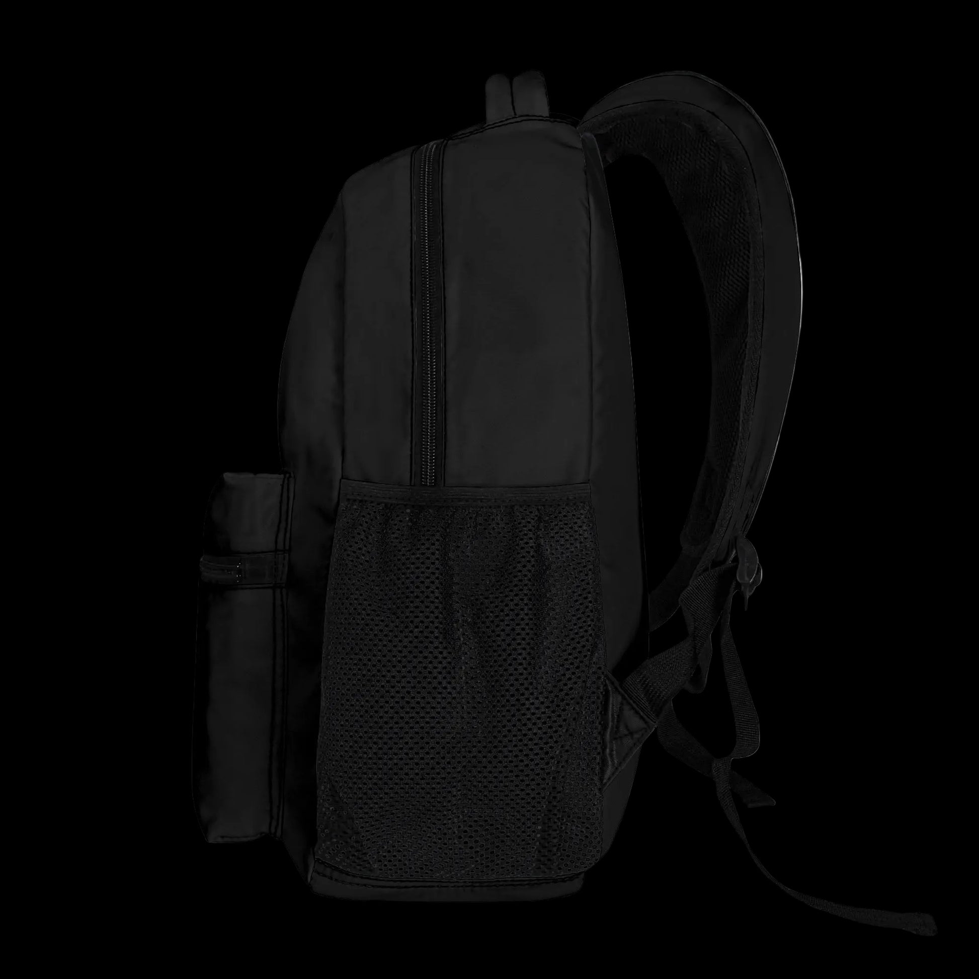 Side view of the logo-free black utility pack for daily travel and school.